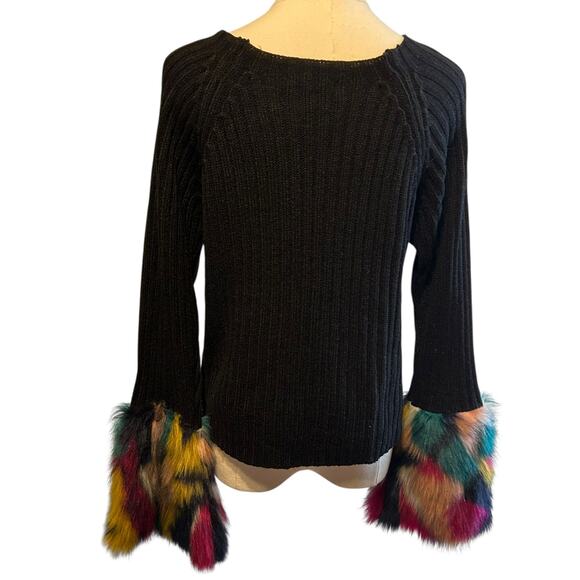 Say What? Sweater Black SZ Med Faux Colorful Fur at Cuffs Grunge Y2K Whimsygoth - Picture 7 of 8